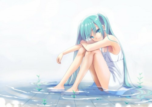 Water vocaloid dress white hatsune miku long hair twintails aqua