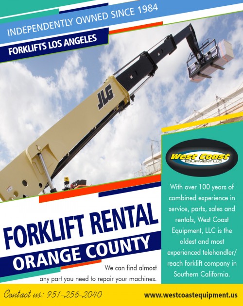 Forklift rental in Orange County with the additional optional charging system at http://westcoastequipment.us/reach-forklift-rentals/

Visit : http://westcoastequipment.us/reach-forklift-rentals/

http://westcoastequipment.us/boom-lift-rentals/
http://westcoastequipment.us/scissor-lift-rentals/

Find Us : https://goo.gl/maps/DHTfY7LnMio

Forklift rental in the orange county makes the best sense when you go to the experts to help you make your decision. A reputable dealer will have the best selection, the best-maintained lift trucks and the expertise you need. Don't sell yourself short: get professional assistance from an experienced, reputable forklift rental company.

More Links : 
http://www.dailymotion.com/ScissorLiftLosAngeles
https://reachforkliftrentallosangeles.wordpress.com
https://www.pinterest.com/scissorliftLA/
http://forkliftslosangeles.tumblr.com/

West Coast Equipment LLC

958 El Sobrante Road Corona, California 92879
Call Us: +1.951.256.2040
Email : sales@WestCoastEquipment.us
Mon - Fri 06:00 AM - 05:00 PM

Our Services : 

Boom Lift Rental San Bernardino
Boom Lift Rental Riverside
Scissor Lift Rental San Bernardino
Forklift Rental San Bernardino
Construction Equipment Rental Los Angeles CA
Forklift Rental Riverside
Scissor Lift Rental Los Angeles
Forklifts Los Angeles
Boom Lift Rental Inland Empire
Forklift Rental Orange County