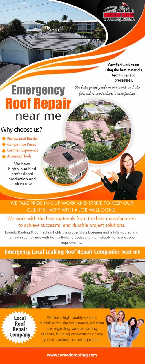 Deciding on the Best Roofing Company For You at https://tornadoroofing.com/contact/

Services: roof replacement, roof repair, flat roof systems, sloped roof systems, commercial roofing, residential roofing, modified bitumen, tile roofing, shingle roofing, metal roofing
Founded in : 1990
Florida Certified Roofing Contractor:
License #: CCC1330376
Florida Certified Building Contractor:
License #: CBC033123

Find us here: https://goo.gl/maps/qPoayXTwKdy

In case you are confused, and it is getting hard for you to find a reputable Best Roofing Company Near Me it better that you consult a professional roofing company. Your friends or colleagues might have got their roof repaired, and they would surely have the information about some of the best companies. You can collect the data because you will not have to waste your time differentiating between reliable and fake companies.

For more information about our services click below links: 
https://www.igotbiz.com/directory/listingdisplay.aspx?lid=7404
http://pininthemap.com/pp32cc4178cada2aa35
https://amara.org/en/profiles/videos/bestroofingcompanynearme/
https://www.813area.com/tampa/temple-terrace/realestate/tornado-roofing-_-contracting.htm
https://www.breken.com/ylm/ylm/ylm_comp_detail.aspx?comp_id=633279

Contact Us: Tornado Roofing & Contracting
Address: 1905 Mears Pkwy, Pompano Beach, FL 33063
Phone: (954) 968-8155 
Email: info@tornadoroofing.com

Hours of Operation:
Monday to Friday : 7AM–5PM
Saturday to Sunday : Closed