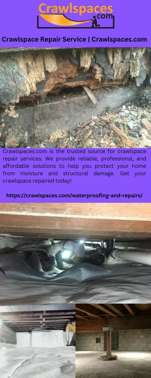 Crawlspaces.com is the trusted source for crawlspace repair services. We provide reliable, professional, and affordable solutions to help you protect your home from moisture and structural damage. Get your crawlspace repaired today!

https://crawlspaces.com/waterproofing-and-repairs/