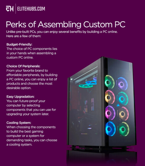 Unlike pre-built PCs, you can enjoy several benefits by building a PC online. Here are a few of them:

1) Budget-Friendly: The choice of PC components lies in your hands when assembling a custom PC online.

2) Choice Of Peripherals: From your favorite brand to affordable peripherals, by building a PC online, you can enjoy a list of products and choose the most desirable option.

3) Easy Upgradation: You can future-proof your computer by selecting components that you can use for upgrading your system later.

Visit: https://elitehubs.com/pages/prebuilt-gaming-pc