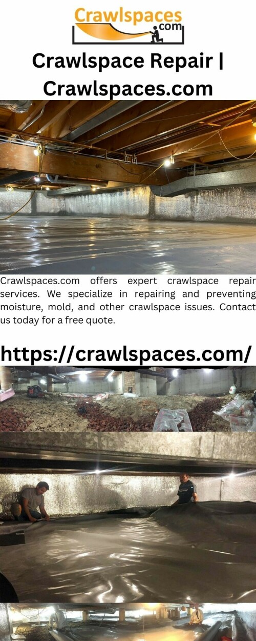 Crawlspaces.com offers expert crawlspace repair services. We specialize in repairing and preventing moisture, mold, and other crawlspace issues. Contact us today for a free quote.

https://crawlspaces.com/