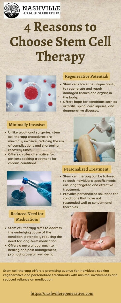 Stem cell therapy offers a promising avenue for individuals seeking regenerative and personalized treatments with minimal invasiveness and reduced reliance on medication. Visit for more - https://nashvilleregenerative.com