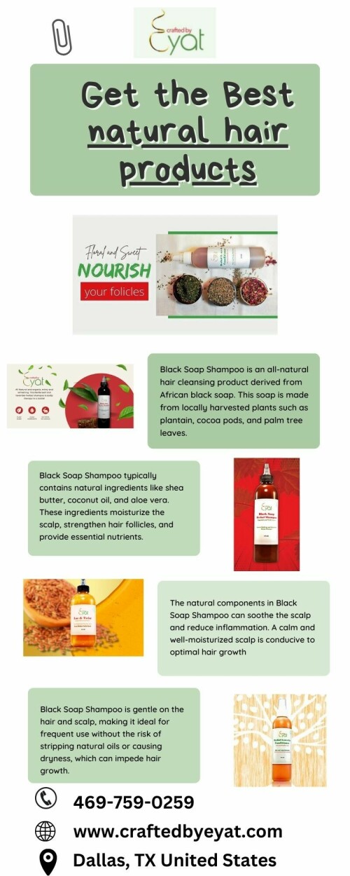 Natural hair products are specially formulated hair care solutions made from ingredients derived from nature. Natural hair products are free from harsh chemicals, sulphates, parabens, and synthetic additives, making them a preferred choice for individuals who want to maintain and enhance the health.

For more details visit- https://www.craftedbyeyat.com/