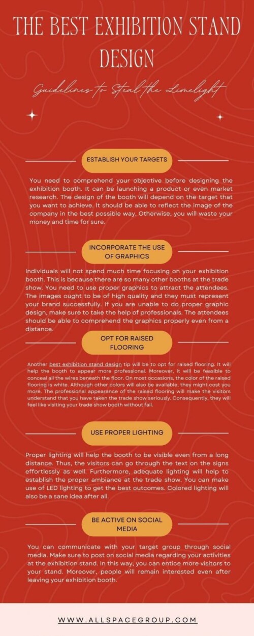 Exhibiting will help to promote your services and products right now. However, you need to perform it correctly to get the desired results. For this, you need to invest lots of time and cash. https://allspacegroup.com/best-booth-designs-for-exhibitions/