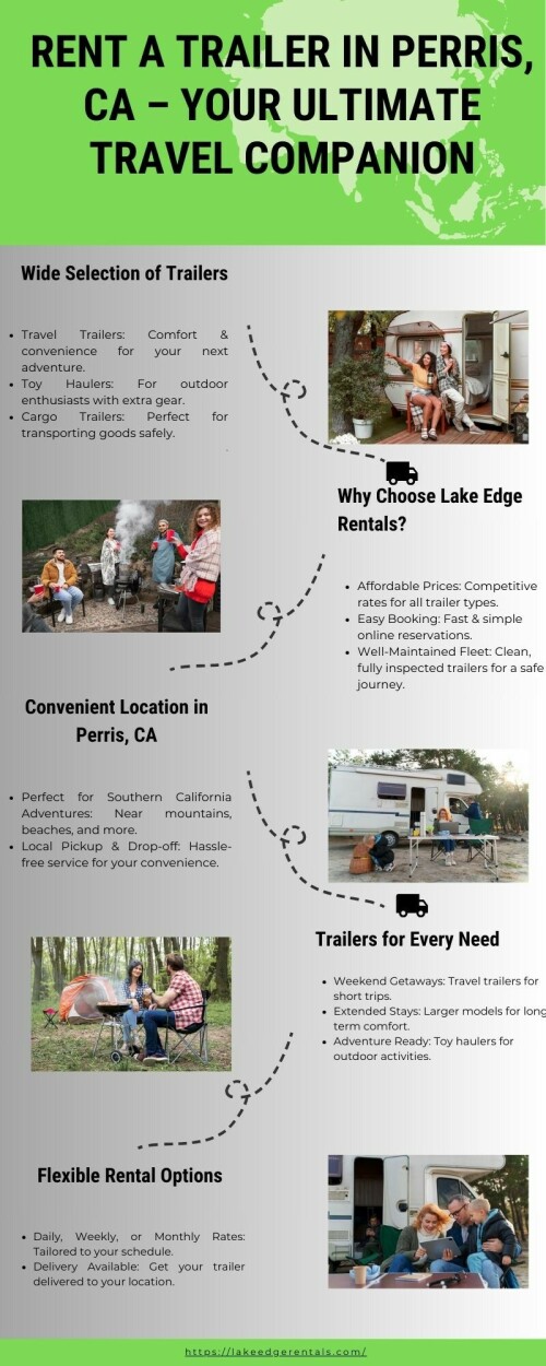 At Lake Edge Rentals, we offer travel trailers and camping gear for rent in the Inland Empire. We can make camping easier by delivering or picking up e-bikes, chairs, grills, and more. Travel with absolute ease and confidence with our travel trailer rentals.
Website: https://lakeedgerentals.com/