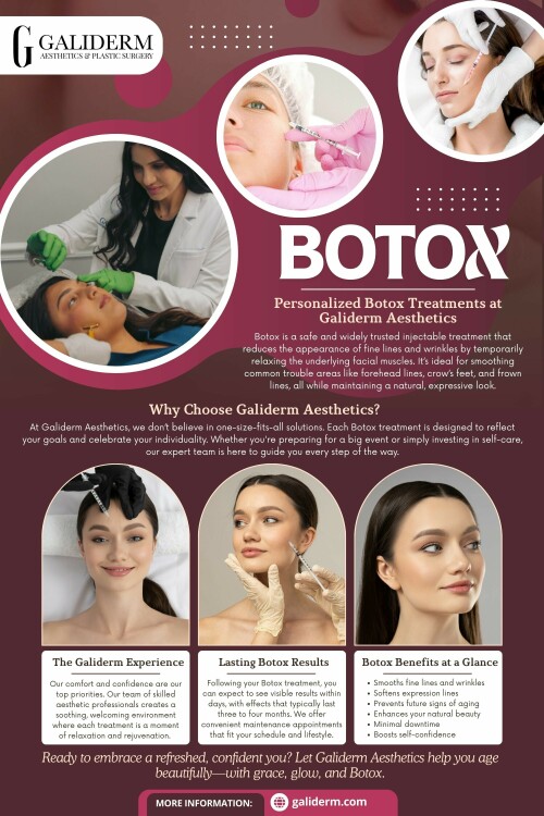 In a world where appearances often influence confidence and self-perception, many individuals are turning to non-surgical cosmetic procedures to enhance their natural beauty and maintain a youthful look. One of the most popular and trusted treatments is Botox. 

Official Website: https://galiderm.com 

Address: 9100 Belvedere Rd STE 105, Royal Palm Beach, FL 33411, United States

Phone: +15613360994

Find Us On Google Map: https://maps.app.goo.gl/nPWNimFUMr9oCcss9

Our Profile:

https://photouploads.com/galiderm

Next Links: 

https://tinyurl.com/2cyt4j95