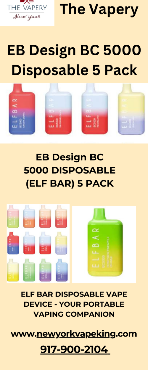 Are you looking for an Elf bar disposable vape device? The Vapery is the best place to buy EB Design BC 5000 disposable 5 Pack in the United States at the sale price. For more information visit us. www.newyorkvapeking.com/