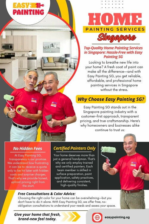 Home painting services Singapore offer both full-house projects and room-by-room solutions, depending on your budget and goals. Painting isn’t just about walls. Ceilings, doors, windows, and skirting boards all need attention. A full paint job gives your space a polished, complete look. 

Visit Our Website: https://easypainting.sg/

Easy Painting SG

Address: 31 Jurong West Street 41. Tower 2D, #01-33, Singapore 649412
Phone: +65 8788 3388

Our Profile: https://photouploads.com/easypaintingsg

See More:

https://is.gd/aN0gyK
https://is.gd/2RkPPo