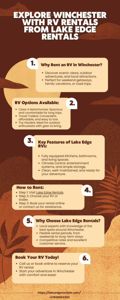 At Lake Edge Rentals, we offer travel trailers and camping gear for rent in the Inland Empire. We can make camping easier by delivering or picking up e-bikes, chairs, grills, and more. Travel with absolute ease and confidence with our travel trailer rentals.
Website:https://lakeedgerentals.com/