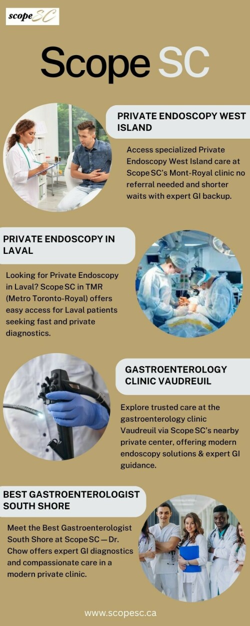 Access specialized Private Endoscopy West Island care at Scope SC’s Mont-Royal clinic no referral needed and shorter waits with expert GI backup. Contact us: 514-227-0103 or Visit us: https://scopesc.ca/