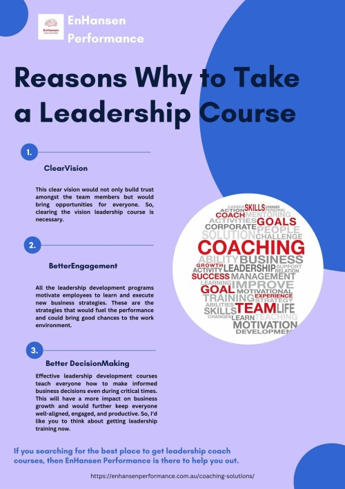 Unlock your leadership potential with Enhansen Performance's transformative Leadership Coach Courses. These courses offer a unique blend of skills development, strategic thinking, and emotional intelligence enhancement. By enrolling in Enhansen's program, you gain invaluable insights into effective leadership, communication, and team collaboration. Our expert coaches guide you through personalized coaching sessions, equipping you with tools to navigate complex challenges and inspire others. Elevate your career by mastering leadership principles and honing your decision-making abilities. Enhansen Performance is committed to empowering individuals to lead with confidence and impact. Invest in your professional growth and enroll in Leadership Coach Courses for a rewarding journey toward enhanced leadership and peak performance.
https://enhansenperformance.com.au/coaching-solutions/