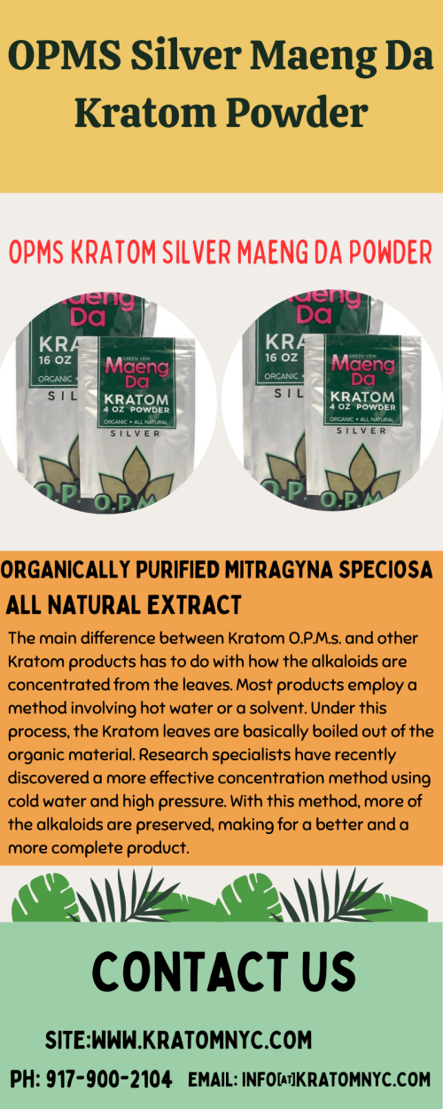 Buy OPMS silver maeng da kratom powder. The Vapery is the best shop to buy OPMS silver maeng da kratom powder online in the United States. For more information call us at 917-900-2104.https://kratomnyc.com/
