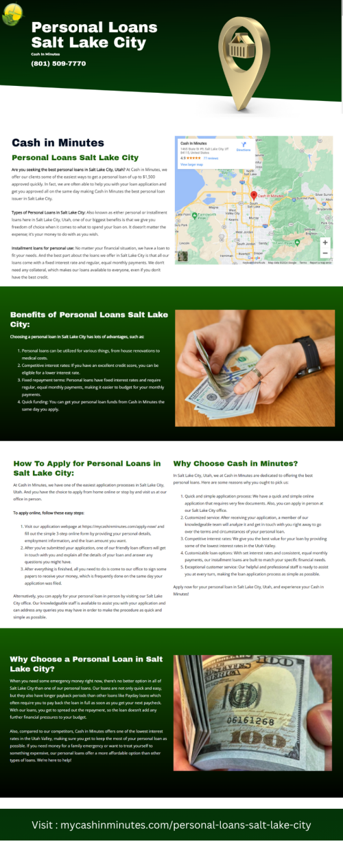 Navigate your financial goals with personal loans Salt Lake City, Utah. Unlock tailored solutions, competitive rates, and local support. Contact Cash in Minutes to apply now for swift approval and financial empowerment.

Visit: https://mycashinminutes.com/pe....rsonal-loans-salt-la

#personalloansaltlakecity
#personalloanssaltlakecityutah