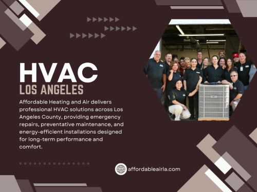 In many cases, HVAC Los Angeles technicians find problems related to clogged filters, airflow restrictions, dirty coils, or aging components that are forcing the system to work harder than necessary.

Find us on Google Map: https://maps.app.goo.gl/AmnAG3GCtMLZFQca6

Contact: Affordable Heating and Air
Address: 9601 Cozycroft Ave Unit 1, Chatsworth, CA 91311, United States
Customer Service: +1-818-722-1332

Read our blogs:
https://affordableairla.wordpress.com/
https://penzu.com/public/527aa46004f6477f
https://all4webs.com/affordableairla/hvacinlosangeles.htm

More Links:
https://allmyfaves.com/affordableairla
https://gravatar.com/affordableairla
https://audiomack.com/affordableairla/