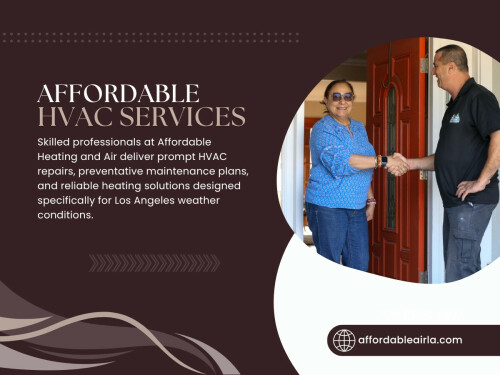 Most homeowners don’t think much about HVAC maintenance when everything seems to be working fine and they don’t tend to find affordable HVAC services.

Find us on Google Map: https://maps.app.goo.gl/AmnAG3GCtMLZFQca6

Contact: Affordable Heating and Air
Address: 9601 Cozycroft Ave Unit 1, Chatsworth, CA 91311, United States
Customer Service: +1-818-722-1332

Read our blogs:
https://affordableairla.wordpress.com/
https://penzu.com/public/527aa46004f6477f
https://all4webs.com/affordableairla/hvacinlosangeles.htm

More Links:
https://allmyfaves.com/affordableairla
https://gravatar.com/affordableairla
https://audiomack.com/affordableairla/