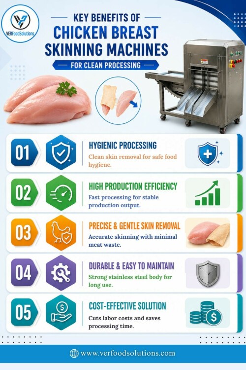 Food processing facilities require dependable equipment for safe and accurate poultry preparation. VERFOOD SOLUTIONS offers a Chicken Breast Skinning Machine that helps remove chicken skin cleanly while reducing meat damage during operation. Built with stainless steel material, it supports hygienic processing, easy maintenance, and long-lasting use. The machine also helps improve production flow with continuous operation and reduced manual handling in daily poultry processing work.

Improve poultry processing with reliable skinning performance. Contact us at: 86-18866883278 or Visit at:https://www.verfoodsolutions.com/products/meat-portioning/poultry-skinning-machine/chicken-breast-skinning-machine/