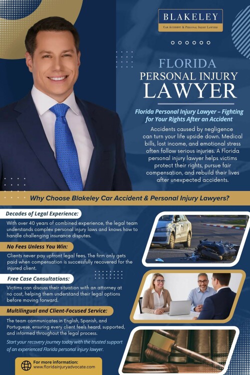 Without legal representation, the injured party may accept the initial offer and lose the opportunity to recover additional compensation. With a Florida Personal Injury Lawyer, the claim is reassessed, medical documentation is expanded, and negotiations are reopened to reflect the full extent of the injury.


Contact : Blakeley Car Accident & Personal Injury Lawyers West Palm Beach
Address: 2101 Vista Pkwy UNIT 304, West Palm Beach, FL 33411, United States
Phone :+15612323162

Find Us On  Google Map : https://maps.app.goo.gl/jnTiaqnKAecxxVXA9


Read Our Blog: 
https://floridainjuryadvocatefl.weebly.com/
https://floridainjuryadvocatefl.wordpress.com/
https://medium.com/@floridainjuryadvocatefl/car-accident-lawyer-florida-fbb99b26f3ac

More Links:
https://www.viki.com/collections/4246903l
https://www.spoonflower.com/profiles/injuryadvocatefl
https://issuu.com/floridainjuryadvocate