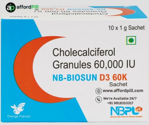 If you are planning to buy Nb Biosun D3 60K Granules, we provide genuine products at competitive prices along with free delivery services. Nb Biosun D3 60K Granules contains Vitamin D3 60000 IU, which supports bone density, calcium absorption, and muscle function.

Vitamin D3 is essential for maintaining overall health, particularly for individuals with limited sun exposure or dietary deficiency. Nb Biosun D3 60K Granules offers a convenient sachet format that can be taken as prescribed by your healthcare provider.

We focus on affordable healthcare by offering generic substitutes of branded medicines, giving customers up to 90% off generic medicines and 20% off branded medicines on selected products. With secure payment options, careful packaging, and free doorstep delivery, buying online is simple and stress-free. Choose trusted service and quality assurance for your healthcare needs.


Order Now:-https://www.affordpill.com/products/nb-biosun-d3-60k-granules
E-mail :-info@affordpill.com
Address :-  D-67, Sector-6, Noida, Uttar Pradesh - 201301
Content No:- +91 9818310317