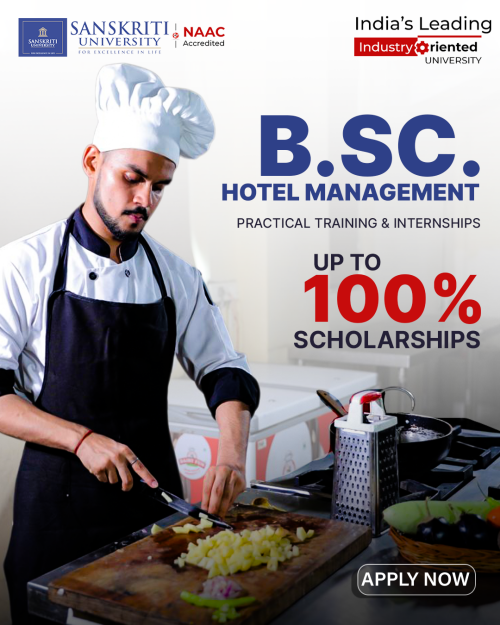 Pursue a B.Sc. in HM at Sanskriti University and build a career in hospitality, hotel operations, food production, and tourism management. With modern training kitchens, housekeeping labs, and industry internships, students gain hands-on experience for careers in hotels, resorts, airlines, cruise lines, and event management. Admissions Open 2026 – Apply Now.