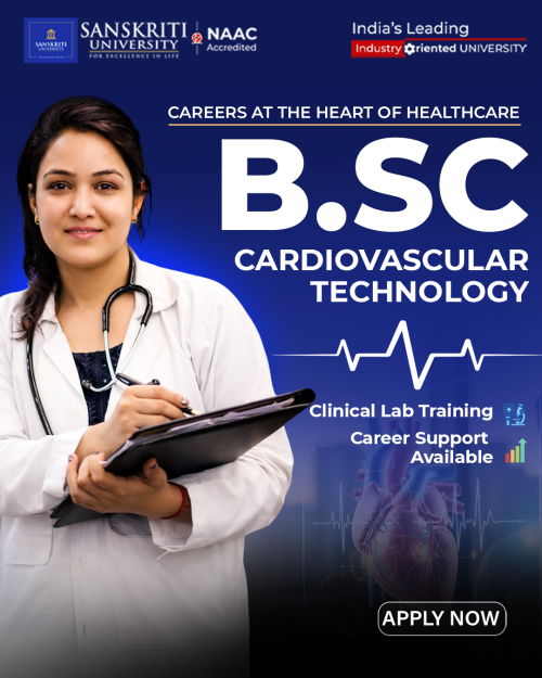 Join the B.Sc CVT (Cardiovascular Technology) program at Sanskriti University and build expertise in cardiac care, echocardiography, ECG technology, and cath lab procedures. With advanced medical labs, clinical training, and hospital internships, students gain hands-on experience for careers in cardiac hospitals, diagnostic centers, and healthcare institutions. Admissions Open 2026 – Apply Now.