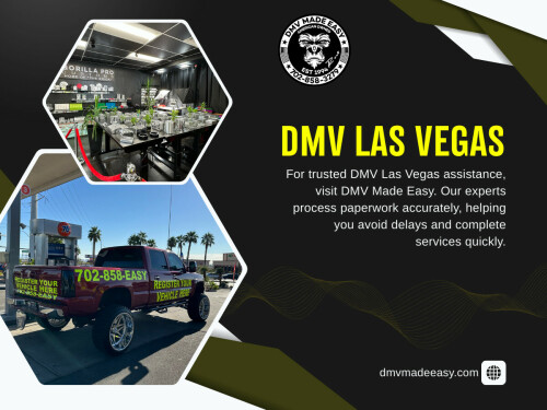 For many Las Vegas residents, the thought of visiting the DMV brings up images of long lines, packed waiting rooms, and hours lost in the process. The good news is that not every task requires an in-person visit. Several DMV services in Las Vegas can now be handled without stepping foot inside a DMV office, saving both time and frustration.

Click Here for More Information: https://dmvmadeeasy.com/dmv-services-las-vegas/
 
Address: 8615 W Flamingo Rd, Las Vegas, NV 89147
 
Phone Number: +17022413662

Google Map: https://goo.gl/maps/BJNY18FeVELkd5ye8

Read Our Blog:

https://dmvmadeeasyvegas.blogspot.com
https://dmvmadeeasy.wordpress.com
https://dmvmadeeasyvegas.yooco.org

More Links:

https://linktr.ee/dmvmadeeasy
https://about.me/dmvmadeeasyvegas
https://myslink.app/dmvmadeeasy