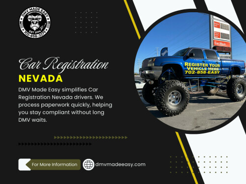 Many NV DMV services are designed to be completed remotely, making life easier for residents who want to avoid office visits. One of the most commonly used online services is car registration Nevada renewals. If your information is current and there are no special requirements, renewing your registration online is often quick and convenient.

Click Here for More Information: https://dmvmadeeasy.com/dmv-services-las-vegas/
 
Address: 8615 W Flamingo Rd, Las Vegas, NV 89147
 
Phone Number: +17022413662

Google Map: https://goo.gl/maps/BJNY18FeVELkd5ye8

Read Our Blog:

https://dmvmadeeasyvegas.blogspot.com
https://dmvmadeeasy.wordpress.com
https://dmvmadeeasyvegas.wixsite.com/dmv-made-easy

More Links:

https://linktr.ee/dmvmadeeasy
https://beacons.ai/dmvmadeeasy
https://bio.link/dmvmadeeasy
