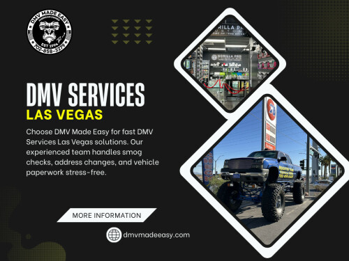 The DMV services of Nevada cover a wide range of driver and vehicle-related needs. These include driver’s license issuance and renewals, identification cards, vehicle registration, title transfers, and record updates. Some services are available online, while others require an in-person visit to a DMV Las Vegas location.

Click Here for More Information: https://dmvmadeeasy.com/dmv-services-las-vegas/
 
Address: 8615 W Flamingo Rd, Las Vegas, NV 89147
 
Phone Number: +17022413662

Google Map: https://goo.gl/maps/BJNY18FeVELkd5ye8

Read Our Blog:

https://dmvmadeeasyvegas.blogspot.com
https://dmvmadeeasy.wordpress.com
https://dmvmadeeasyvegas.yooco.org

More Links:

https://linktr.ee/dmvmadeeasy
https://about.me/dmvmadeeasyvegas
https://myslink.app/dmvmadeeasy