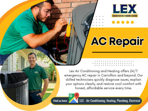Choosing the right AC repair service ensures your air conditioning system is in capable hands. A professional technician can effectively diagnose and resolve issues, leading to a more efficient and reliable unit.

LEX – Air Conditioning, Heating, Plumbing, Electrical

Address: 901 Jupiter Rd, Plano, TX 75074, United States
Phone Number: +19724661917
Email: info@lexairconditioning.com
Hours of Operation: 24/7
Find us on Google Map: http://g.page/LexAirConditioning

Read Our Blogs:
https://tinyurl.com/22csf6qe
https://is.gd/vitTQ1
https://v.gd/DYB5Jc

More Links:
https://v.gd/Oz2aHE
https://is.gd/zfi6pw
https://tinyurl.com/2bt3nh5f