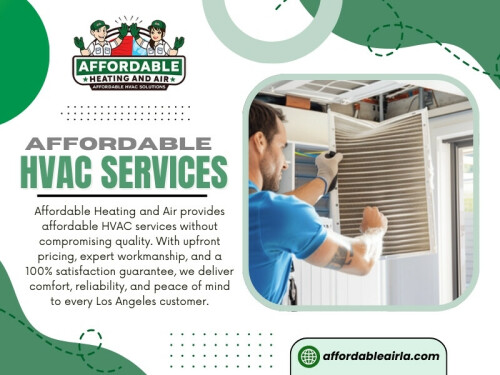 Regular maintenance, including cleaning coils, changing filters, and inspecting ductwork, extends the life of your system. Many affordable HVAC services in Los Angeles offer maintenance plans to keep your HVAC system running at peak efficiency.

Address: 9601 Cozycroft Ave Unit 1, Chatsworth, CA 91311, United States

Phone: +18187221332

Find us On Google Map: https://maps.app.goo.gl/v1v6uDrUmHYUBKgNA

Read our Blogs

https://affordableairla.wordpress.com/
https://affordableairla.tumblr.com
https://affordableairla.weebly.com/

More Links:
https://campsite.bio/affordableairla
https://igli.me/affordableairla
https://litelink.at/affordableairla