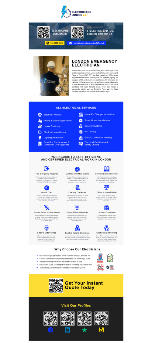 From blown fuses to unexpected outages, you deserve a responsive, reliable pro who can keep your home or business running smoothly. Electricians London 247 delivers prompt support from qualified technicians who diagnose issues accurately and complete repairs with care. Based in Brixton, London, our team handles everything from fault finding and circuit testing to lighting repairs, socket replacements, and panel updates. When the situation can’t wait, our emergency electrician service helps restore safety and functionality with minimal disruption. We focus on clear communication, tidy workmanship, and practical solutions that fit your property and timeline. Whether it’s troubleshooting persistent tripping, inspecting a new installation, or upgrading aging components, we prioritize safety standards and attention to detail. If you’re looking for an electrician london you can trust for dependable service and straightforward advice, count on us to show up prepared, protect your space, and see the job through the right way the first time.

Our Services
Electrician Services
Emergency Electrician

Contact Us
Electricians London 247
18 Tulse Hill, Brixton, London, SW2 2TP, UK
020 4600 5848
hello@electricianslondon247.co.uk