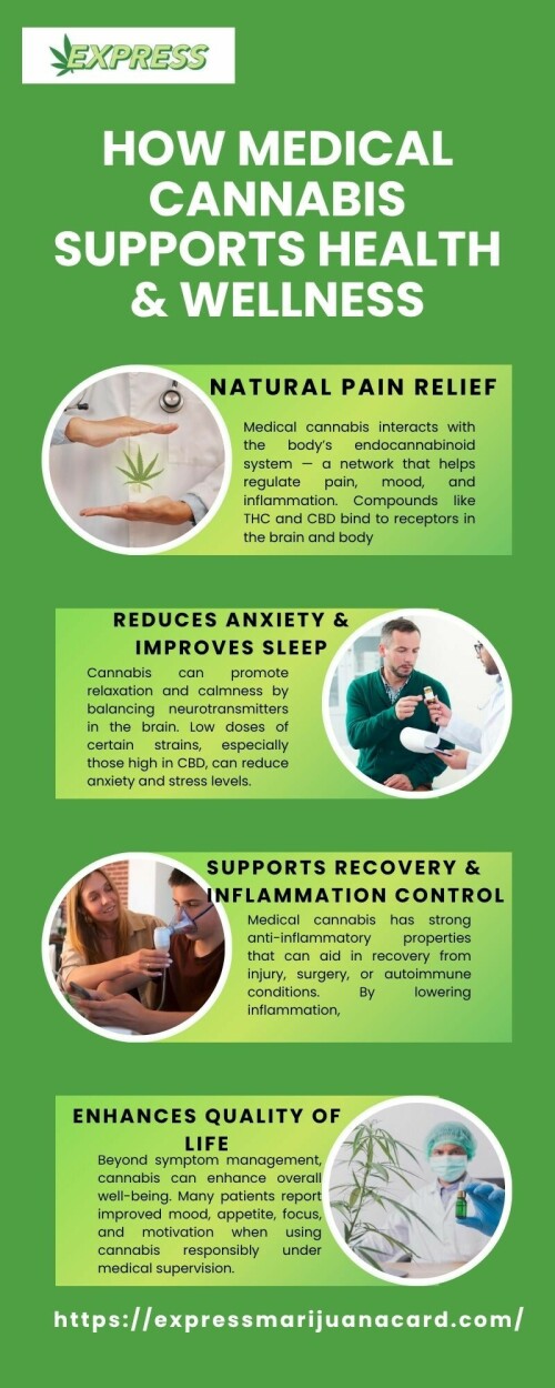 Medical cannabis supports health and wellness by naturally easing pain, inflammation, and anxiety.It helps restore balance within the body, promoting better sleep, mood, and relaxation. Rich in therapeutic compounds like CBD and THC, it works holistically to enhance overall well-being. When used under medical guidance, it empowers patients to live healthier, more balanced lives. Visit for more info : https://expressmarijuanacard.com/
