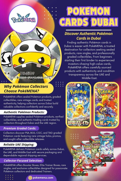 Collectors increasingly prefer trusted sellers and specialized Pokémon stores because authenticity matters heavily when building valuable collections.
That’s one reason reliable stores have become so important for fans searching for pokemon cards dubai products online.
Trust and authenticity are critical parts of the collecting experience.

Contact Us -
Address - Building A1, Dubai Digital Park, Dubai Silicon Oasis, Dubai, United Arab Emirates
Phone No - +971 547 209 777

Read Our Blogs -
https://pokemena.weebly.com/
https://pokemena.wordpress.com/
https://pokemena.tumblr.com

More Links -
https://campsite.bio/pokemena
https://www.goodreads.com/pokemena
https://www.ted.com/profiles/51510061