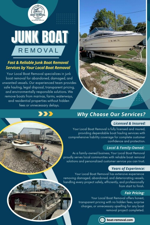 Structured Junk Boat Removal, responsible handling through a Boat Removal Company, and proper Abandoned Boat Removal practices matter more than they first appear to. Water systems recover, but only when the source of damage is actually removed—not just ignored.

Your Local Boat Removal

Phone: +1833-605-7867

Read Our Blogs:
https://boatremoval.jimdofree.com/
https://boatremoval.brushd.com/
https://boatremoval.mystrikingly.com/

More Links:
https://beacons.ai/boatremoval
https://www.apsense.com/user/boatremoval
https://triberr.com/boatremoval