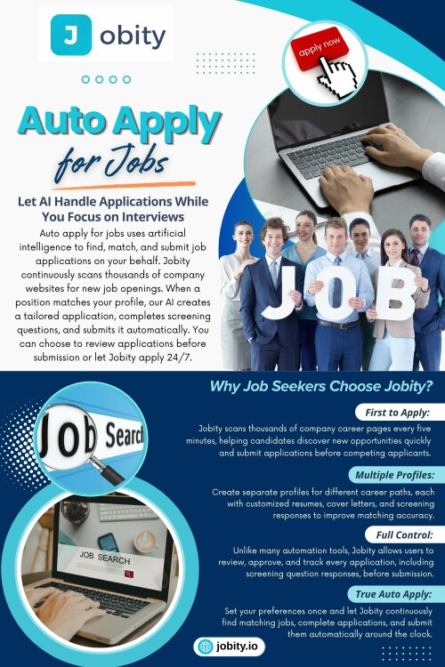 With systems designed for Auto apply for jobs, candidates can reduce repetitive tasks and improve application speed significantly.

Read Our Blog: 
https://jobity.wixsite.com/jobity/post/job-application-automation   
https://jobityio.wordpress.com/2026/06/24/auto-apply-for-jobs/
https://jobity.tumblr.com/post/820286019424468992/job-application-automation

More Links:
https://hackernoon.com/preview/6a2bb51857541054d199d988
https://www.indiehackers.com/jobity
https://news.ycombinator.com/user?id=jobity