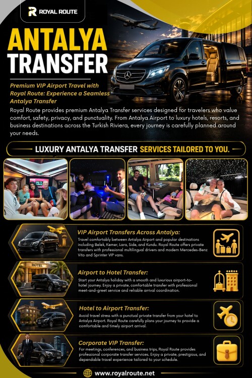 Bazı kişiler için ekonomik bir antalya transfer yeterli olabilir. Ancak daha fazla kişisellik ve konfor isteyen yolcular farklı bir hizmet seviyesini tercih edebilir.

Bizi Google Haritalar'da Bulun: https://maps.app.goo.gl/pBArzfXdNAqbaSb77

Royal Route
Adres: Güzelyurt, 206. Sk. No:1, 07112 Aksu/Antalya, Türkiye
Telefon: +90 532 015 4470

Blog Yazılarımızı Okuyun:

https://royalrouteantalya.tumblr.com
https://royalroute.jimdofree.com/
https://royalrouteantalya.wixsite.com/transferantalya

Diğer Bağlantılar:

https://audio.com/royalroute
https://peatix.com/user/30362739/view
https://www.goodreads.com/royalroute