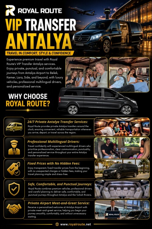 Bu nedenle kaliteli bir vip transfer antalya deneyimini değerlendirirken araçtan çok daha fazlasına bakmak gerekir.

Bizi Google Haritalar'da Bulun: https://maps.app.goo.gl/pBArzfXdNAqbaSb77

Royal Route
Adres: Güzelyurt, 206. Sk. No:1, 07112 Aksu/Antalya, Türkiye
Telefon: +90 532 015 4470

Blog Yazılarımızı Okuyun:

https://royalroute.mystrikingly.com/
https://royalroute.jimdofree.com/
https://royalrouteantalya.wixsite.com/transferantalya

Diğer Bağlantılar:

https://gravatar.com/royalrouteantalya
https://www.apsense.com/user/royalroute
https://www.ultimate-guitar.com/u/royalroute