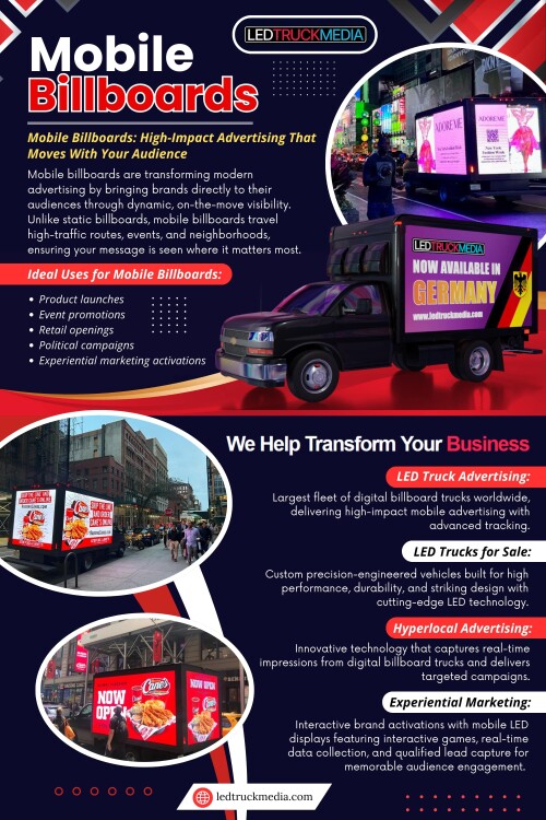 In a world where people are constantly scrolling, skipping, and filtering ads, grabbing attention outdoors has become harder than ever. While Mobile billboards offer a powerful alternative to static advertising, not every campaign delivers results. The difference between a mobile billboard that turns heads and one that fades into the background often comes down to design.

LED Truck Media

Phone:+19172243633

Read our blogs:

https://ledtruckmedia.wixsite.com/ledtruckmedia

https://ledtruckmedia.brushd.com/entry/26760/experiential-marketing-agency

https://truckmedialed.wordpress.com/

More links:

https://taplink.cc/ledtruckmedia

https://vimeo.com/ledtruckmedia

https://band.us/@ledtruckmedia