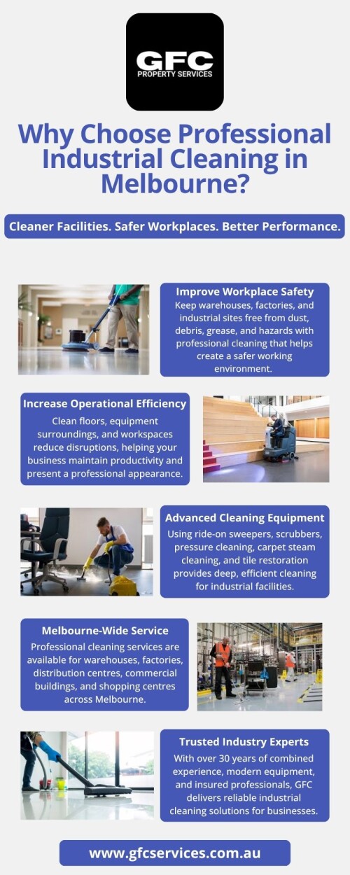 Professional industrial cleaning in Melbourne helps maintain a safe, hygienic, and efficient workplace. Expert cleaners use advanced equipment and industry-approved methods to remove tough dirt, reduce hazards, improve compliance with safety standards, and create a healthier environment for employees and operations. 
Visit us: https://gfcservices.com.au/