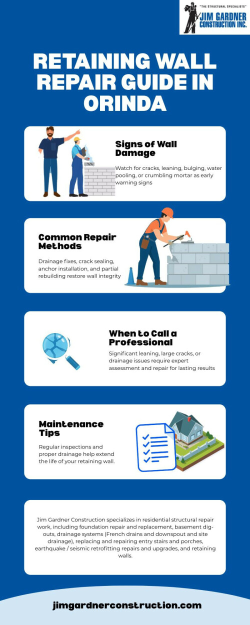 The guide provides quick methods to stop erosion and restore stability while showing you when to contact an expert for permanent restoration work.You will learn how to find damage and repair cracks and improve drainage and strengthen your retaining wall in Orinda. Visit : https://jimgardnerconstruction.com/