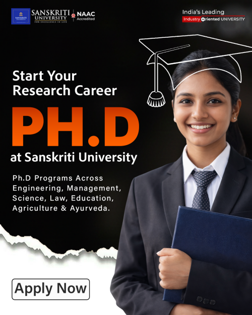 Join Sanskriti University for PhD admission in 2026 and build a strong research foundation through structured coursework, modern facilities, and guidance from experienced faculty members.