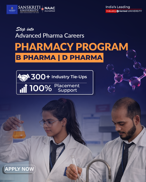 Sanskriti University offers D.Pharm and B.Pharm programs focused on pharmaceutical sciences, drug formulation, pharmacology, and pharmacy practice. With modern laboratories and practical training, students build strong skills for careers in the pharmaceutical and healthcare industries.
