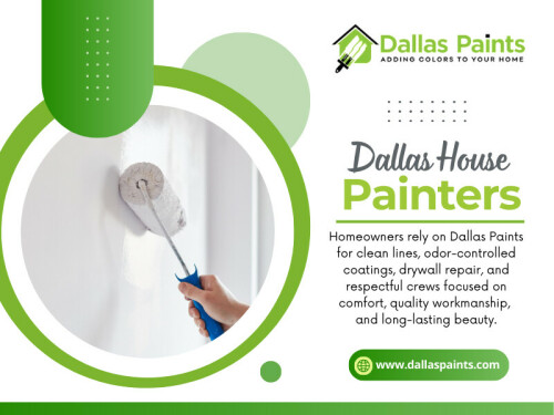 Professional Dallas House Painters will ask these same questions. If a company gives a quote without understanding the scope, that is an early red flag.

Contact :Dallas Paints
Address: 2427 Allen St, Dallas, TX 75204
 Phone: (214) 978-4400

Find Us On Google Map: https://maps.app.goo.gl/JUwfMorJhrE3fb626

 Read Our Blog:
https://dallaspainters.tumblr.com/
https://697864d8e6f50.site123.me/
https://penzu.com/p/a55228ff7ad59874

More Links:
https://campsite.bio/dallaspaints
https://www.apsense.com/user/dallaspainters
https://www.magcloud.com/user/dallaspaints