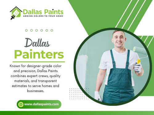 Good Dallas Painters talk about prep in detail because they know it determines how the final finish looks and how long it lasts. If prep is barely mentioned, the job is likely to fail sooner than expected..

Contact :Dallas Paints
Address: 2427 Allen St, Dallas, TX 75204
 Phone: (214) 978-4400

Find Us On Google Map: https://maps.app.goo.gl/JUwfMorJhrE3fb626

 Read Our Blog:

https://dallaspaints.mystrikingly.com/blog/dallas-house-painters
https://paintsdallas.wordpress.com/
https://dallaspaints.wixsite.com/dallaspaints


More Links:
https://dallaspaints.c8ke.me
https://www.buzzfeed.com/dallaspainters
https://independent.academia.edu/dallascommerialpainters