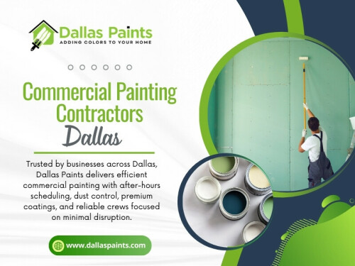 Whether the project involves offices, retail spaces, warehouses, medical facilities, or multi tenant buildings, professional standards matter. Reputable Commercial Painting Contractors Dallas companies understand that poor prep leads to early paint failure, weak protection leads to damage claims, and messy job sites disrupt operations.

Contact :Dallas Paints
Address: 2427 Allen St, Dallas, TX 75204
 Phone: (214) 978-4400

Find Us On Google Map: https://maps.app.goo.gl/JUwfMorJhrE3fb626

Official website: https://www.dallaspaints.com/commercial-painting-service-dallas


 Read Our Blog:
https://dallaspaints.mystrikingly.com/blog/dallas-house-painters
https://penzu.com/p/a55228ff7ad59874
https://697864d8e6f50.site123.me/

More Links:
https://dallaspaint.livejournal.com/profile/
https://www.ted.com/profiles/50999002
https://dallaspaints.c8ke.me