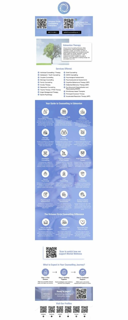 At Virtuous Circle Counselling Edmonton, we provide a caring, confidential space where you can slow down, be heard, and work toward meaningful change at a pace that feels sustainable. Located in Edmonton, Alberta, our practice supports adults and teens navigating anxiety, mood challenges, relationship strain, burnout, grief, and life transitions. We take a collaborative approach that honours your values and strengths while offering practical tools you can apply between sessions. Our clinicians integrate Dialectical Behaviour Therapy (DBT) skills—mindfulness, distress tolerance, emotion regulation, and interpersonal effectiveness—to help you build stability and resilience. Whether you’re seeking short-term guidance or longer-term support, we tailor each plan to fit your goals and circumstances. If you’ve been searching for counselling edmonton, you’ll find grounded, compassionate care that respects your lived experience and cultural context. Reach out to begin a thoughtful, step-by-step path forward with strategies designed to reduce overwhelm, improve communication, and strengthen your sense of agency in daily life.

Our Services
Therapy & Counselling Services

Contact Us
Virtuous Circle Counselling Edmonton
10665 Jasper Ave 14th Floor, Edmonton, AB T5J 3S9
(587) 741-2364
tpetite@vccounselling.com