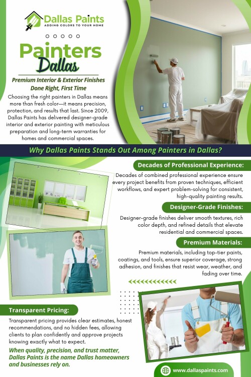 When people search for Painters Dallas homeowners trust, they are usually not just looking for someone with a ladder and a truck.

Contact :Dallas Paints
Address: 2427 Allen St, Dallas, TX 75204
 Phone: (214) 978-4400

Find Us On Google Map: https://maps.app.goo.gl/JUwfMorJhrE3fb626

 Read Our Blog:
https://paintsdallas.wordpress.com/
https://dallaspaints.wixsite.com/dallaspaints
https://dallaspaints.weebly.com/


More Links:
https://medium.com/@dallaspaints/about
https://allmyfaves.com/dallaspaints
https://www.friend007.com/dallaspaints